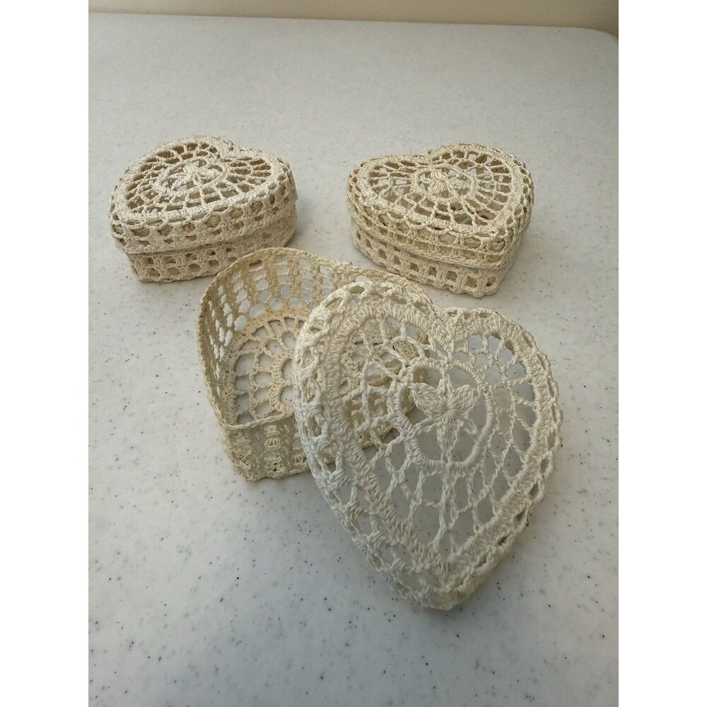 Crocheted Heart Trinket Box Lid Jewelry Organizer Vanity Beige Boho Shabby Chic